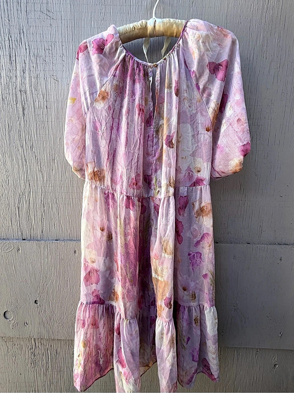 Melloday Watercolor Purple Floral Chiffon Tiered Dress Midi Dress Pink & Purple